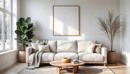 Scandinavian living room with a white sofa, light wooden coffee table, and natural decor elements like plants and wool throws