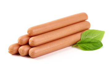 Boiled sausages with fresh basil leaves, isolated on white background.