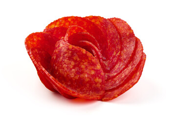 Obraz premium Chorizo sausage, Spanish salami, close-up, isolated on white background.