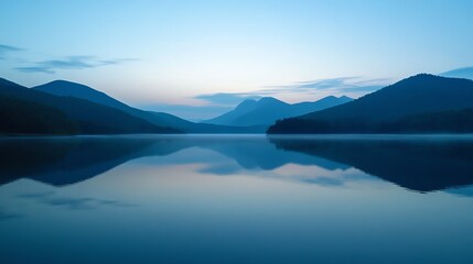 Calm, serene lake with mountain reflections at sunrise.