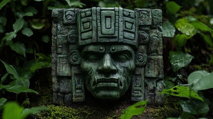 Obraz premium An ancient green stone mask set in a lush jungle environment, symbolizing a lost civilization or mystery of the past