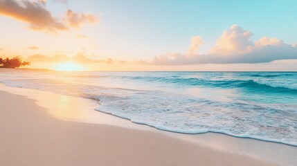 A picturesque beach with white sand and turquoise waves at sunset.