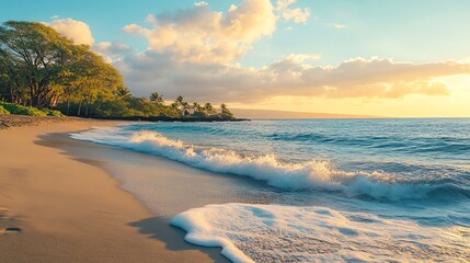 A picturesque beach scene with turquoise waves lapping at a sandy shore at sunset.