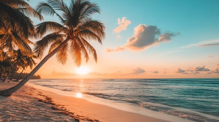 A serene tropical sunset over a pristine beach with swaying palm trees.