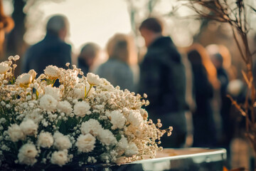 Flowers adorn a casket during a somber funeral as family and friends gather in a tranquil outdoor setting in the late afternoon
