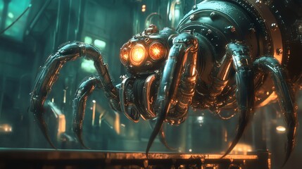 A mechanical spider robot with glowing eyes,  in a futuristic setting.