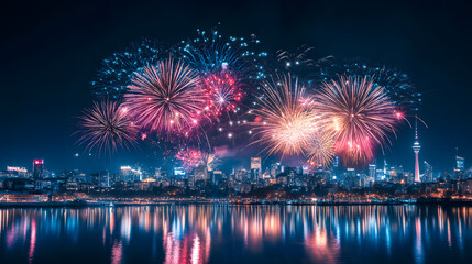 Vibrant fireworks display illuminating the night sky with colorful sparks