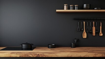 Obraz premium Kitchen interior with black walls, wooden countertops and wooden shelves with cooking utensils