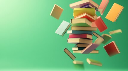 Fototapeta premium A colorful stack of books floats in the air against a green background.