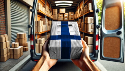 Obraz premium Hands holding a package wrapped in the Finland flag design, ready for delivery. Symbolizing shipping and logistics services, with a van full of packages in the background
