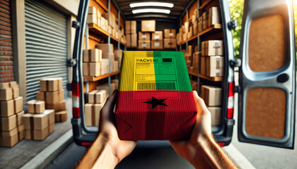 Hands holding a package wrapped in the Guinea-Bissau flag design, ready for delivery. Symbolizing shipping and logistics services, with a van full of packages in the background