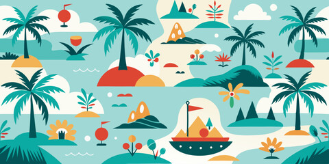Obraz premium Colorful tropical seamless pattern with palm trees and abstract landscapes for summer design