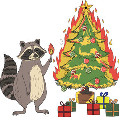 Raccoon burning a Christmas tree Art & Illustration