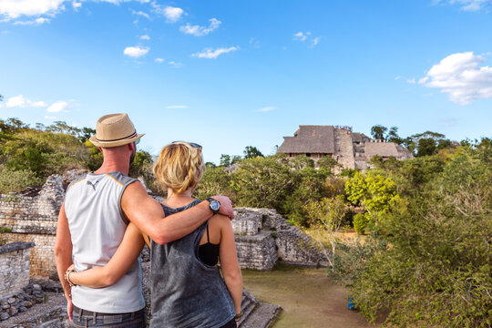 Tourists at the mayan ruins of Ek Balam, Yucatan, Mexico