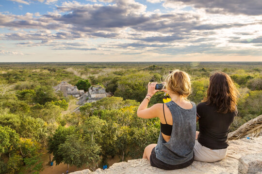 Two female tourists at the mayan ruins of Ek Balam, Yucatan, Mexico