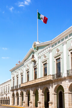 Town hall palace with mexican flag, Merida, Yucatan, Mexico