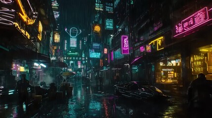 A cyberpunk cityscape at night with rain and neon lights.