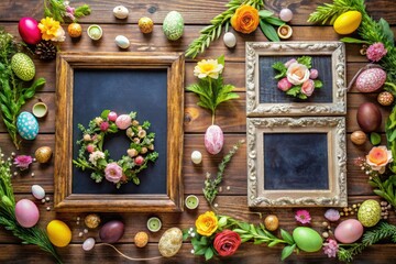 Chalkboard-style vector illustration featuring rustic floral square frames adorned with charming Easter greetings, perfect for seasonal decorations, cards, and festive celebrations. Embrace the spring
