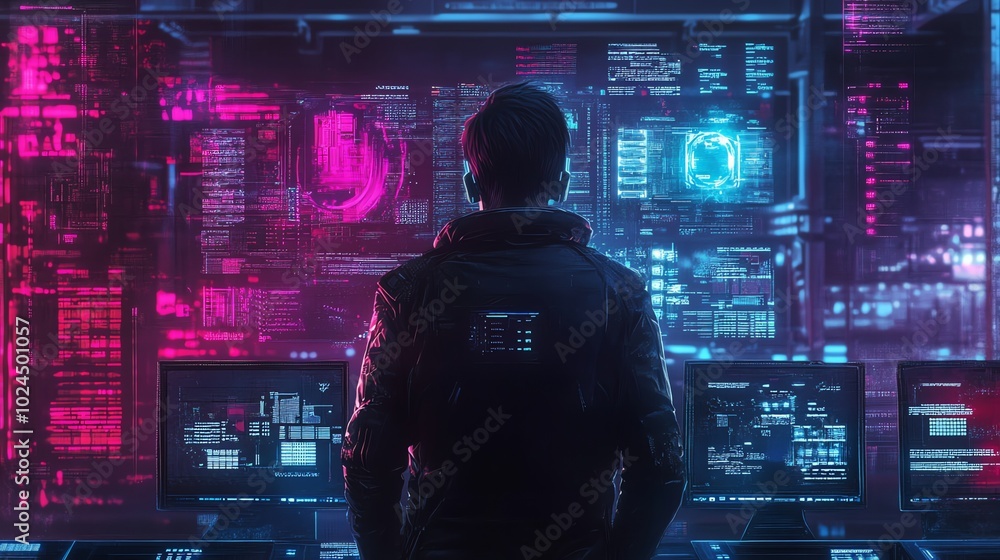 Poster a hacker stares at a wall of glowing computer screens in a futuristic setting.