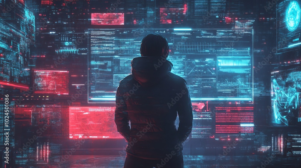 Poster silhouetted hacker in a dark hoodie stands in front of a wall of glowing digital screens with red an