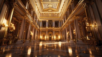 Fototapeta premium A high-ceilinged grand hall showcases elaborate decor with gilded walls and towering marble columns, creating an opulent and majestic atmosphere.