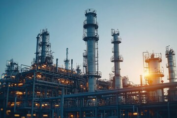 Industrial Complex at Sunset with Tall Towers and Pipes