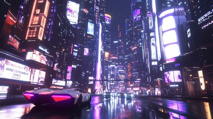Cyberpunk city at night with a futuristic car driving down a busy street.