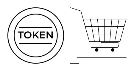 Token symbol next to a shopping cart. Ideal for cryptocurrency, online shopping, e-commerce, digital transactions, and virtual currencies. Minimalist line art style. Black and white colour scheme