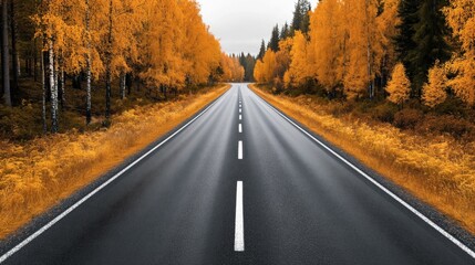 Fototapeta premium Straight paved road stretching into the distance with vibrant autumnal trees on both sides, featuring golden leaves and a serene overcast sky above.