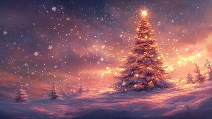 Naklejka premium Retro Christmas Tree Illustration in a Snowy Night Landscape with Starry Sky