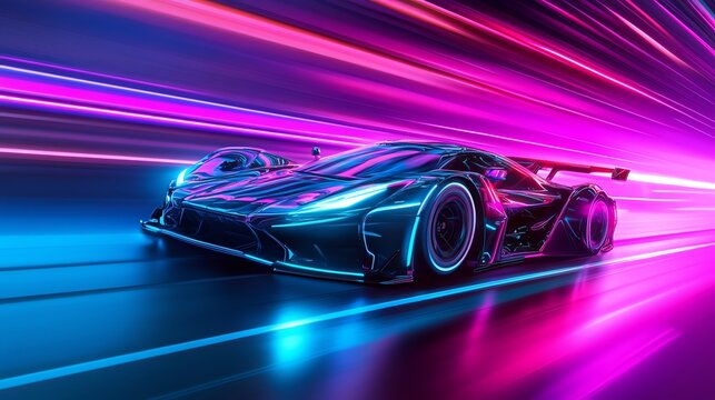 A futuristic sports car speeds through a neon tunnel, leaving trails of light in its wake.