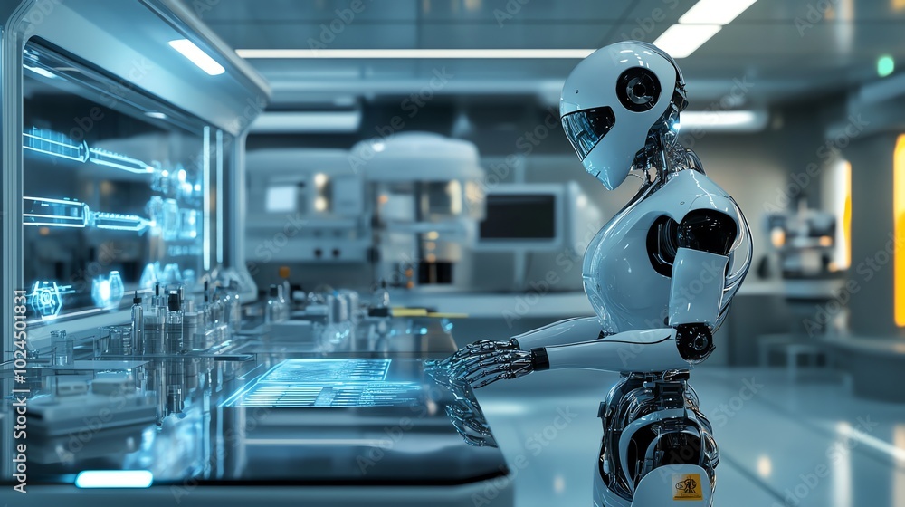 Poster a humanoid robot works in a futuristic lab, using a digital interface to control the environment.