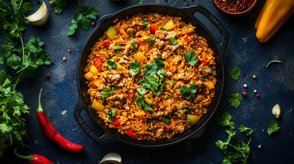 paprika pan, Photo of a skillet with beef and bell peppers in the style of Tina's lithograph style on a dark blue background, top view. Cheese chicken mince paella in a cast-iron pan with colorful veg