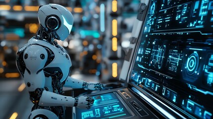 A robot works on a computer terminal with a futuristic interface.