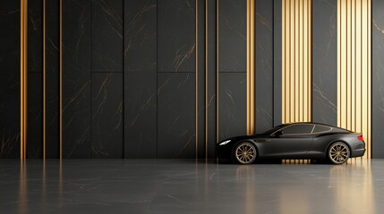 A black car is parked in a large, empty room with gold trim