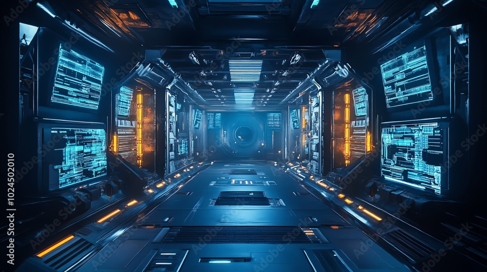 Poster futuristic spaceship corridor with glowing screens and a view of a distant planet.