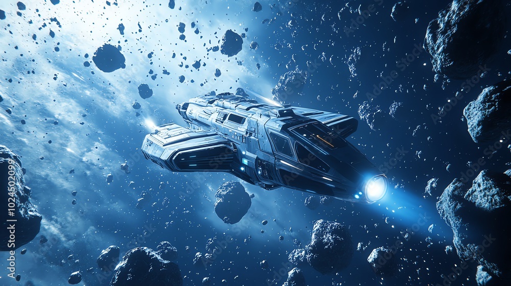 Poster a futuristic spaceship navigates a dense asteroid field.