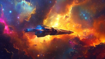 Obraz premium A futuristic spaceship travels through a vibrant nebula.