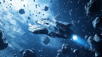 Naklejka premium A futuristic spaceship navigates a dense asteroid field.