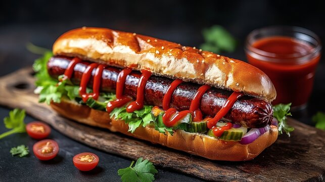 Un s&aacute;ndwich largo con una salchicha gruesa, adornado con salsa de tomate, lechuga y pepinillos, servido en una tabla de madera junto a tomates cherry.