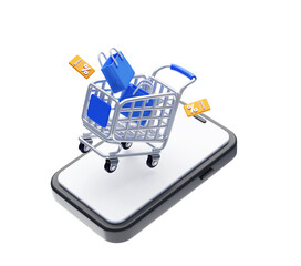 Shopping cart and shopping bag and smartphones were floating above the ground shopping online concept 3d illustration background © mamewmy