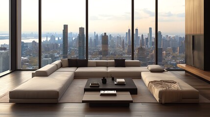 Modern living room with large windows overlooking a city skyline.