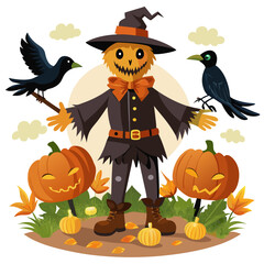 A whimsical illustration of a scarecrow dressed in a witch's hat, surrounded by pumpkins and ravens. This festive design is perfect for Halloween decorations, crafts, and seasonal projects.