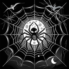 Obraz premium A menacing spider sits in the center of a web, with a full moon in the background. This black and white illustration evokes a sense of creepy crawly Halloween fun.