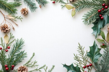 Christmas-themed blank page with festive pine branches and red berries
