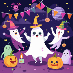 Cute ghosts and pumpkins celebrate Halloween with a festive party, featuring a night sky, colorful decorations, and playful characters. This adorable illustration is perfect for seasonal projects.
