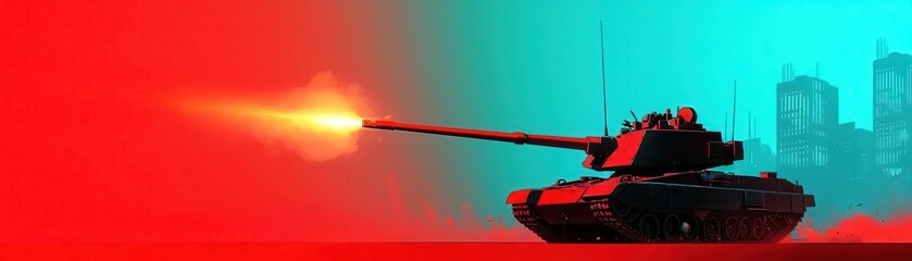 A modern tank fires against a vibrant backdrop of red and blue hues, representing intensity and power in military operations.