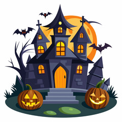 A spooky Halloween illustration featuring a haunted house with glowing windows, bats flying around, and jack-o'-lanterns sitting on the lawn.