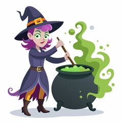 A cheerful witch with purple hair stirs a cauldron of green potion, creating a magical and whimsical scene perfect for Halloween decorations, children's illustrations.