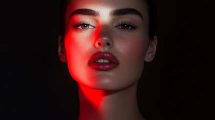 An intense and artistic portrait of a person with striking red light casting dramatic shadows across their face, creating a captivating visual impact.
